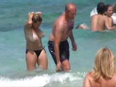 Tan lines big boobs at beach black bikini topless