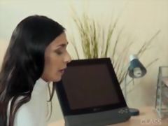 Rebecca and Ashley lesbian sex in the office for first time